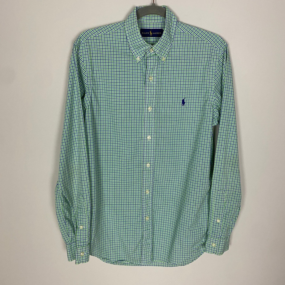 Ralph Lauren Gingham Check Button Down Shirt Mens Small Green Preppy Dress